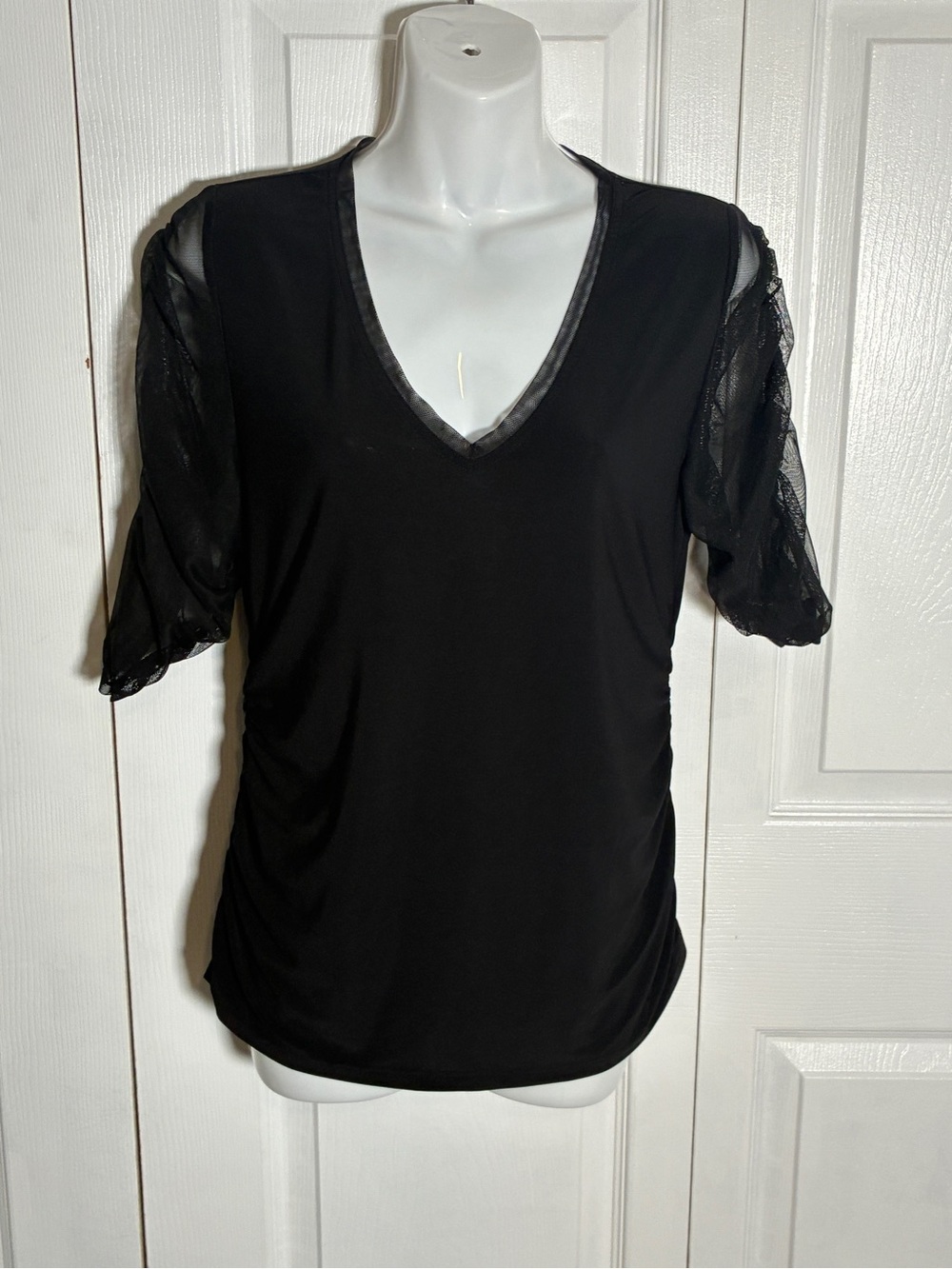 DKNY Black Mesh Sleeve Ruched Top, Size M